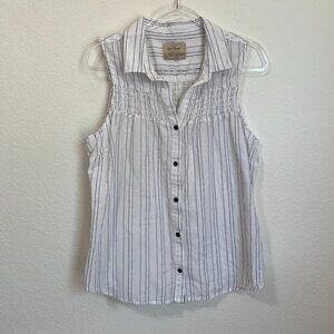 Old Ranch White Embroidered Smocked Sleeveless Button Front Blouse 100% Cotton